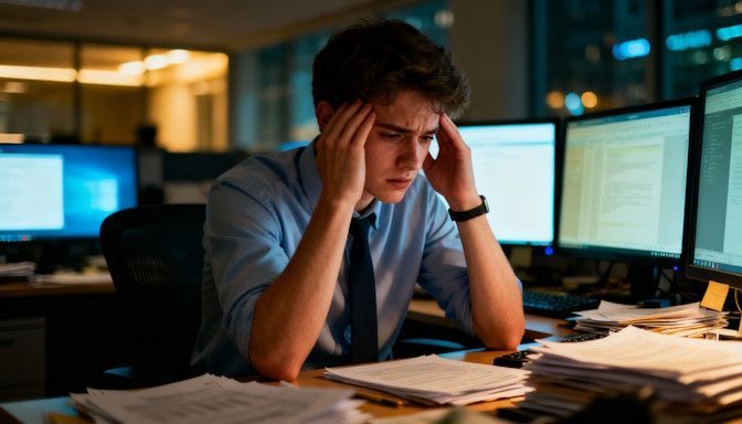 A young professional sitting at a cluttered desk in a downtown Kettering office, hands pressed to temples stressed at work