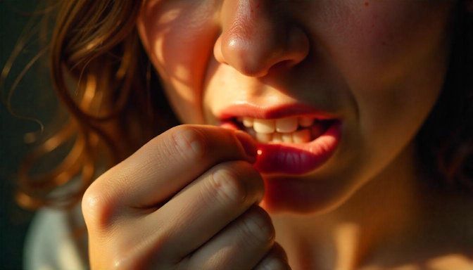 A young woman in Dayton OH biting her fingernails showing her nails very short and jagged, with raw, red cuticles and slight bleeding
