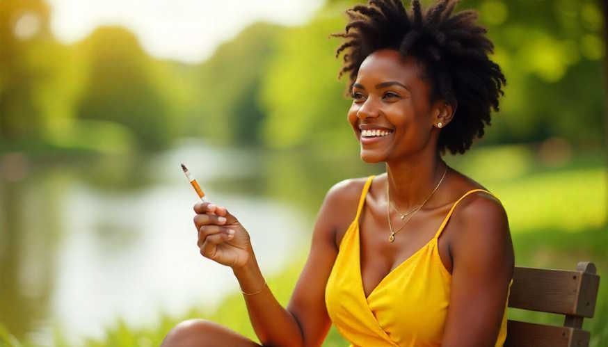 African American woman sitting in a local Dayton park holding a cigarette after quitting smoking thanks to hypnotherapy