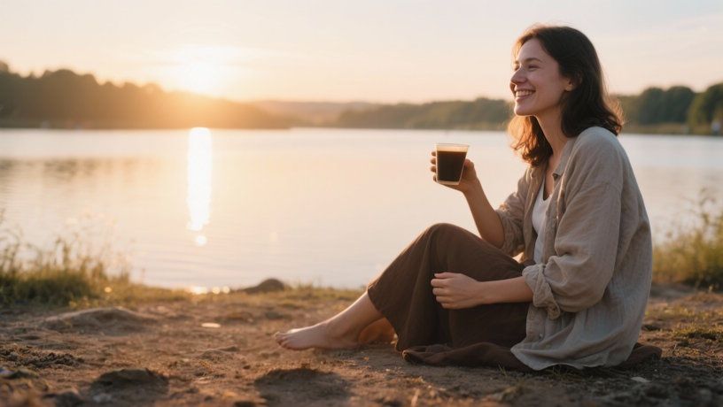 Dayton woman smiling and sitting peacefully at sun-rise next to Eastwood lake sipping coffee