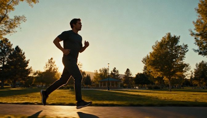 Man walking or jogging through Rotary Park in Beavercreek at sunrise, symbolizing energy and balance