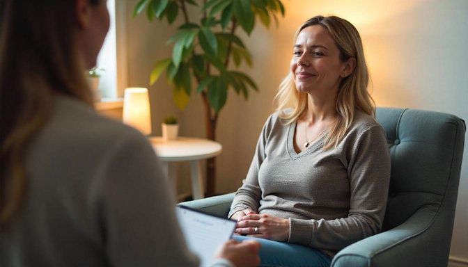 Our licensed certified hypnotherapist sitting across from a client in a quiet Dayton office guiding them through a calming hypnosis session to help her with her anxiety