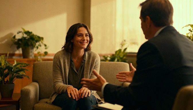 Professional hypnotist leading a session in a calm, warmly lit Dayton office