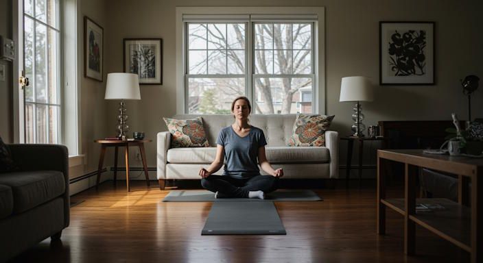 Woman in Dayton meditating in her living room in Centerville Ohio sitting on her yoga mat