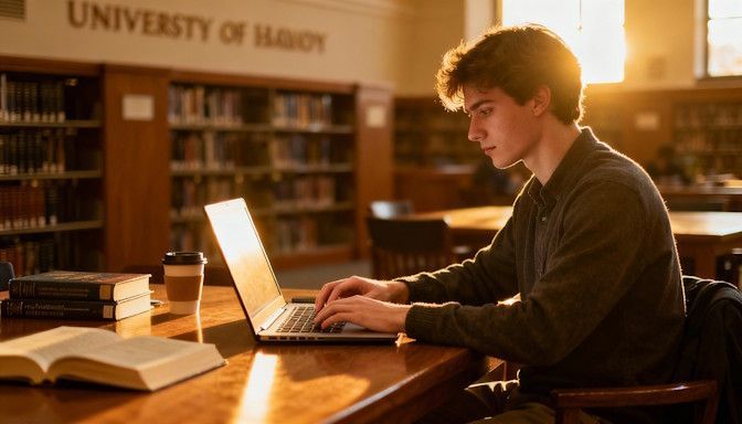 Young adult studying calmly at the University of Dayton library, relaxed focus, laptop open