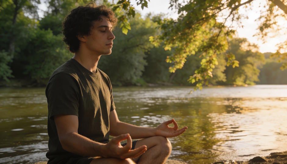 Young man practicing mindfulness near the Great Miami River