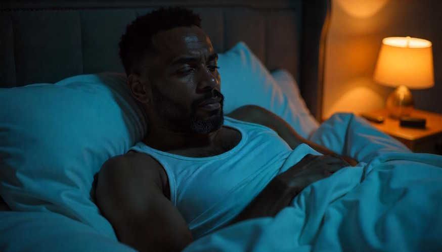 African American man in Dayton, OH in a tank top is laying in bed at night unable to sleep.