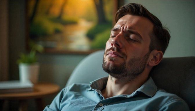 man recalling highly emotional events during a hypnotherapy session to help him overcome the symptoms of his PTSD in Dayton OH