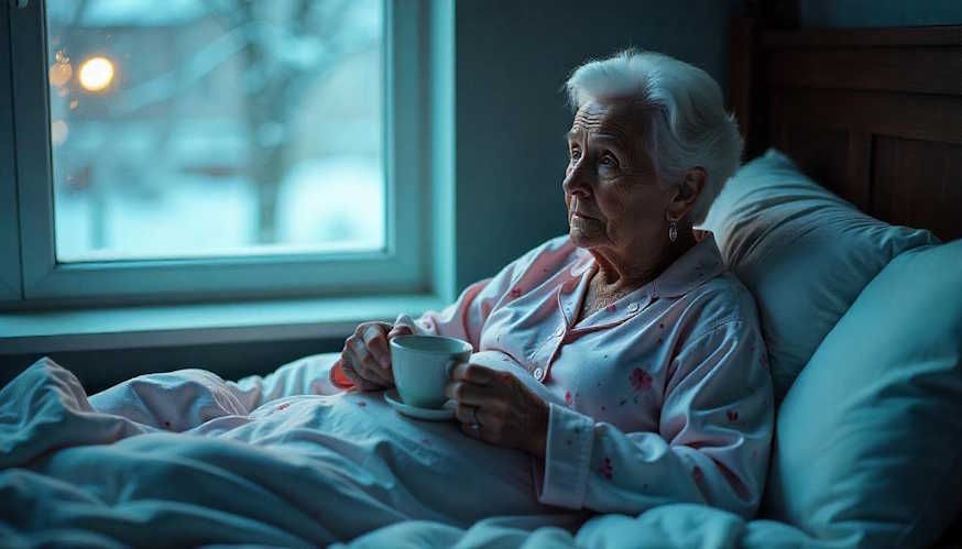 An elderly woman in Dayton, OH is laying in bed unable to sleep with a cup of tea looking out the window.