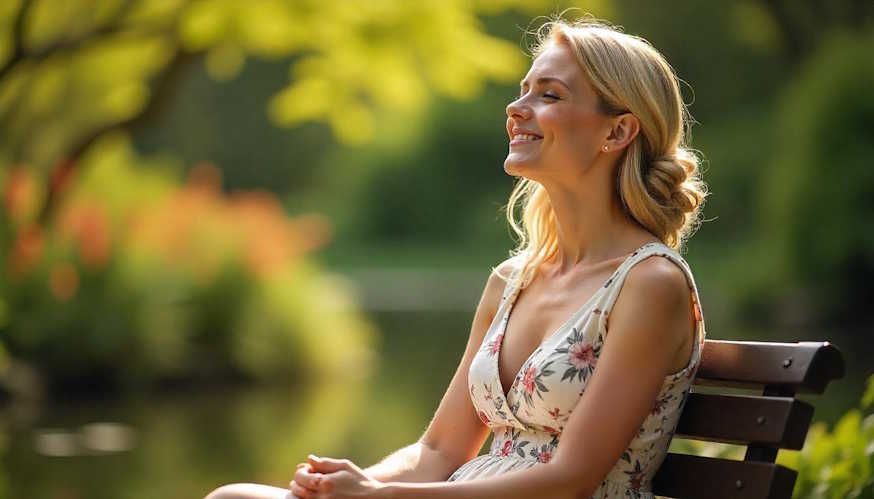 woman sitting in riverscape metropark sitting and relaxing while meditating in Dayton