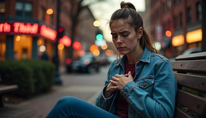 woman sitting on a park bench in Dayton, Ohio, clutching her chest with an overwhelmed look on her face having a panic attack