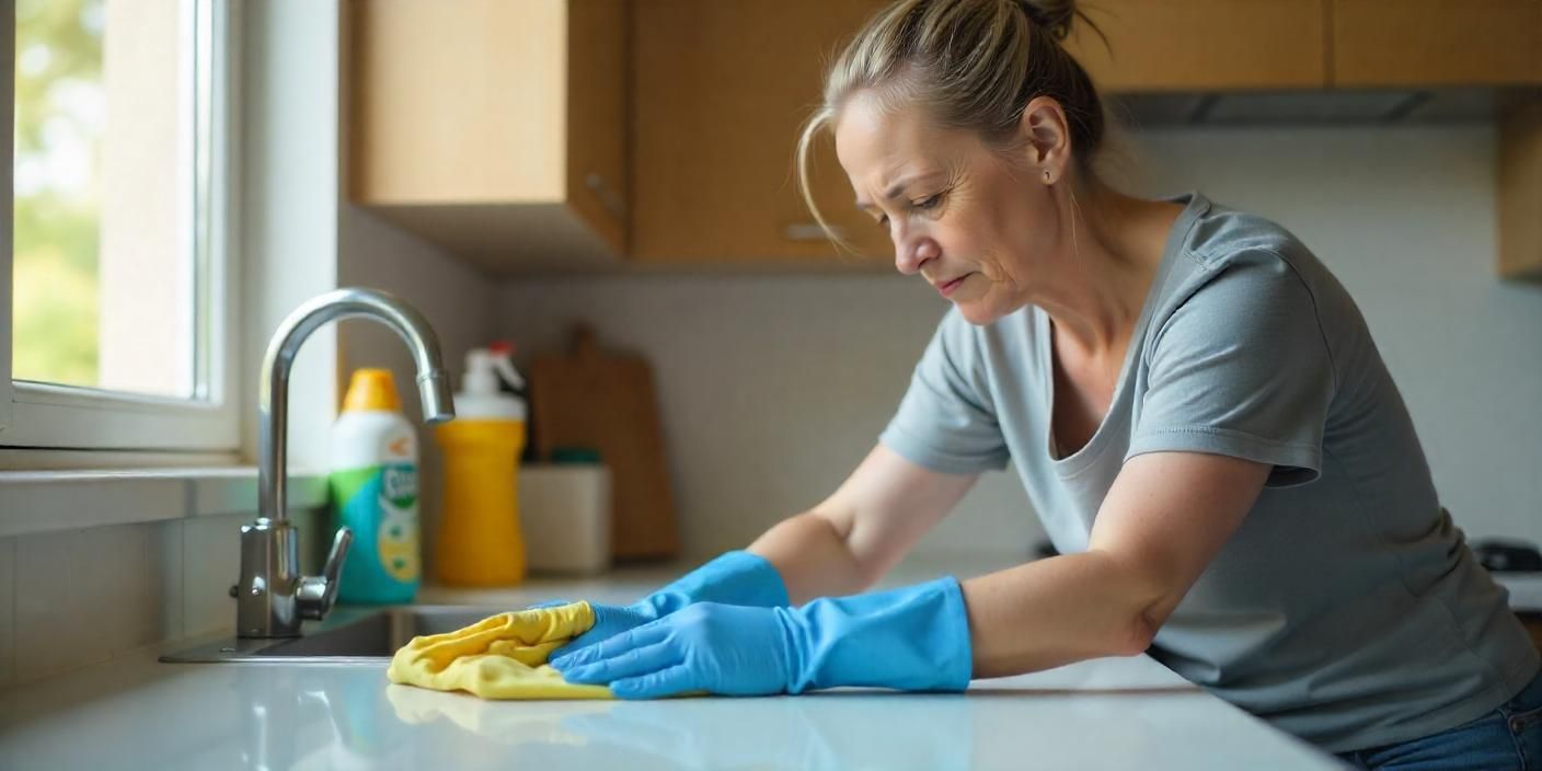 woman wearing gloves scrubbing her already clean kitchen counter for the 3rd time in Dayton showing her OCD symptoms