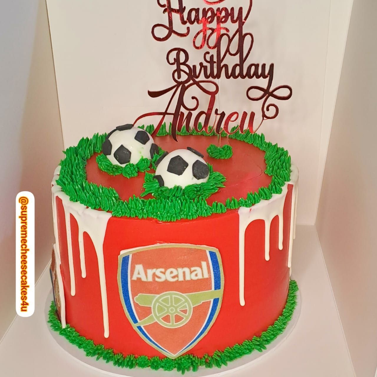 A birthday cake for andrew with soccer balls on top