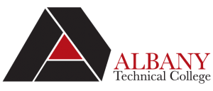The logo for albany technical college is black and red
