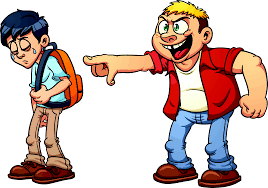 A cartoon of a boy pointing at another boy with a backpack.