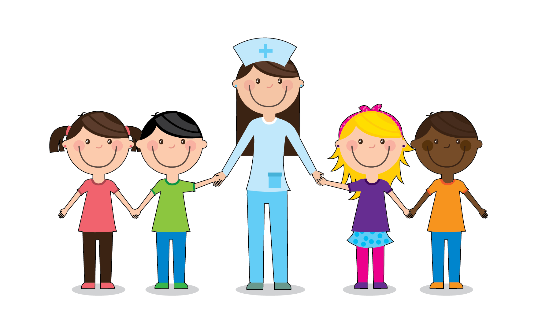 A nurse is standing next to a group of children holding hands.