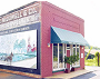 A red building with a blue awning and a large billboard on the side of it.