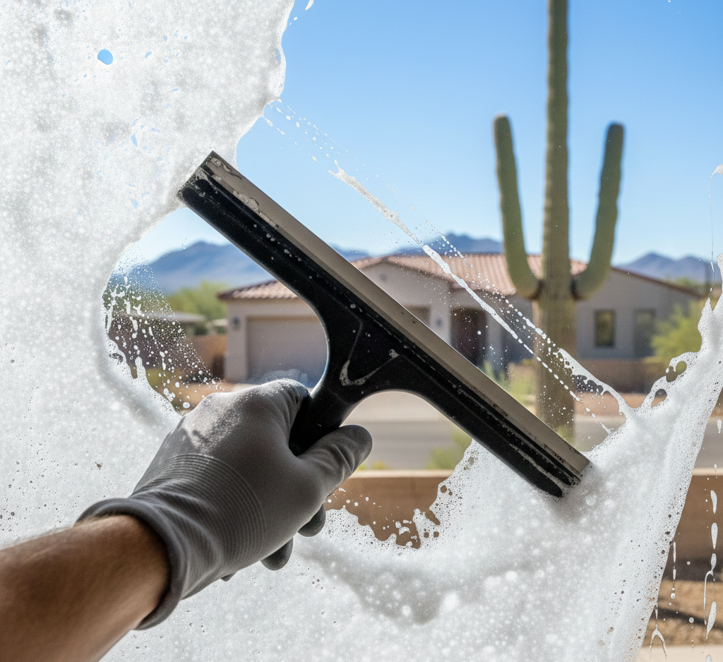 Hand in glove using a squeegee to clean a soapy window, revealing a desert landscape and home.