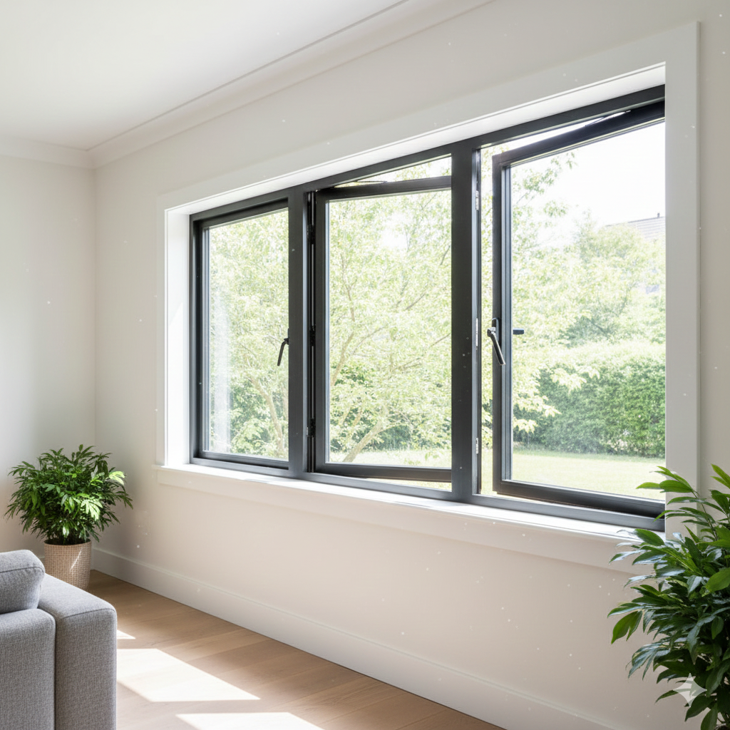 Modern white-walled room with a large window. One pane open, view of green trees outside. Two potted plants on the windowsill.