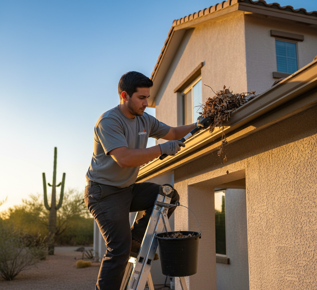 Man cleaning gutters on a ladder in front of a house, bucket at his feet.