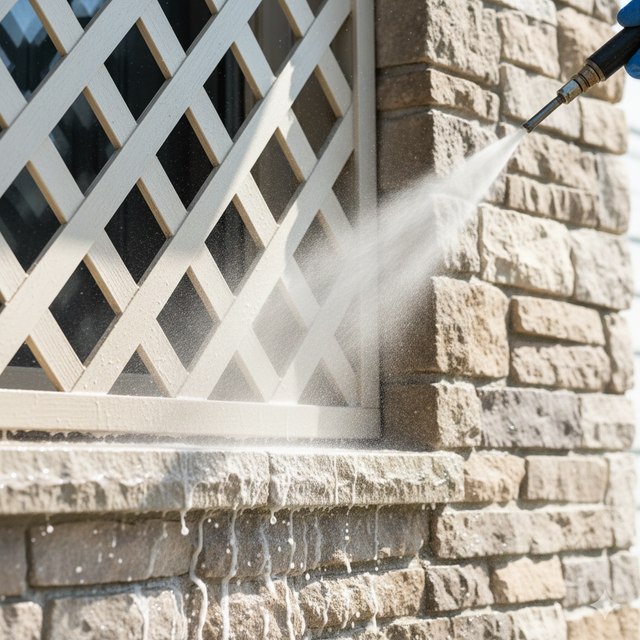 Pressure washing stone wall and lattice with water spray.