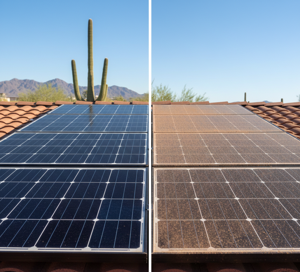 Two solar panels on a rooftop. One is clean, the other dirty. Cactus and mountains in the background.