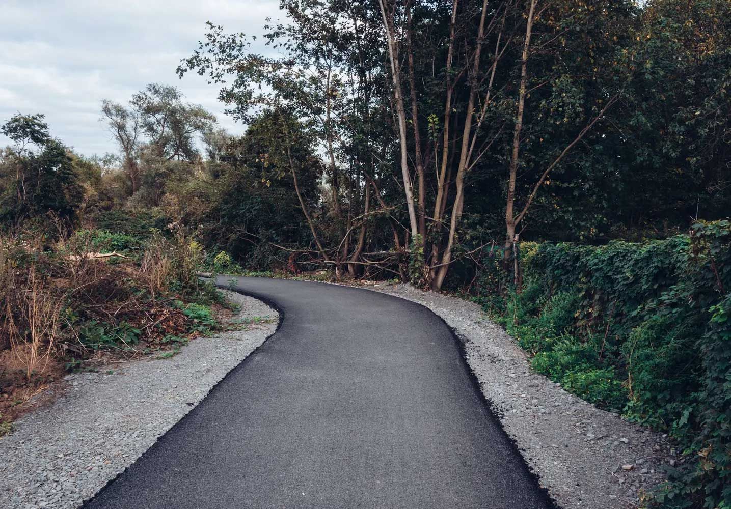 A paved pathway winds through a wooded area with gravel shoulders on both sides, framed by trees and dense greenery. A paved pathway winds through a wooded area with gravel shoulders on both sides, framed by trees and dense greenery.