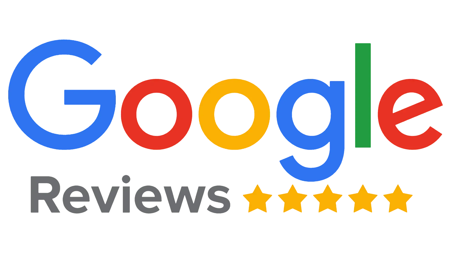 Google Reviews logo with the brand name in multicolored text and five solid gold stars.