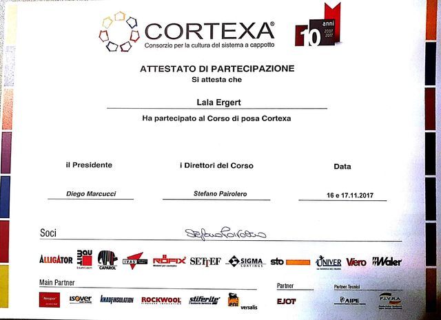 attestato di partecipazione al corso per la posa di rivestimenti a cappotto