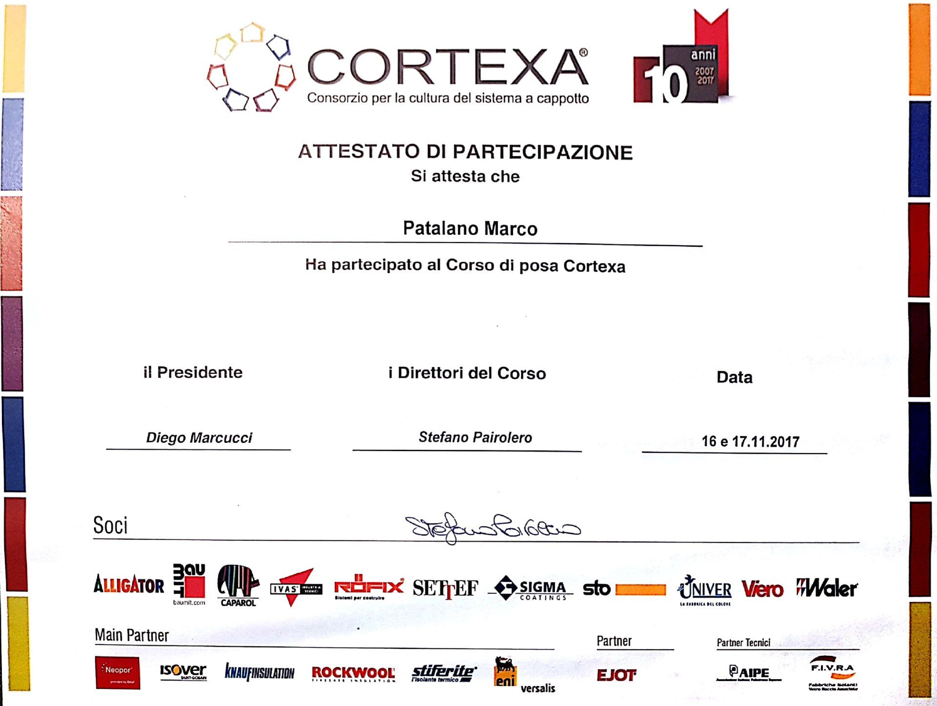 attestato di partecipazione al corso Cortexa per la posa di rivestimenti a cappotto