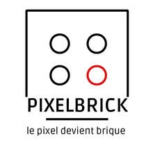 Logo rose : Carré avec quatre cercles à l'intérieur, « PIXELBRICK » en dessous avec le slogan « le pixel devient brique ».