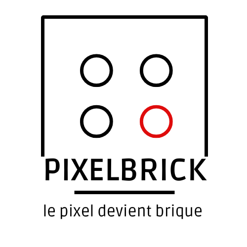 Logo composé de quatre cercles, dont un rouge, dans un carré. Texte : « PIXELBRICK » et « le pixel devient brique ».