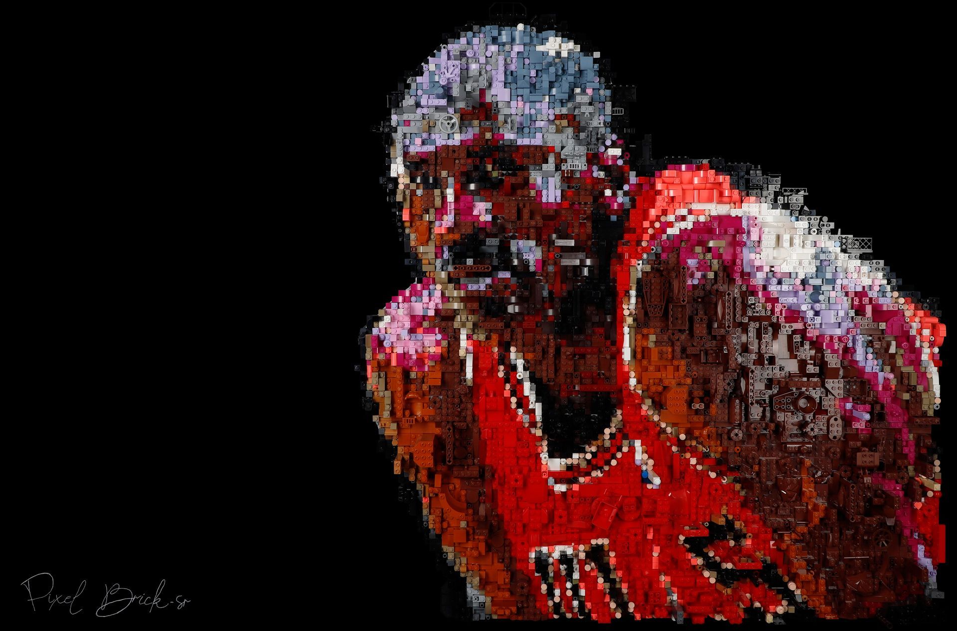 Michael Jordan en maillot rouge, l'air déterminé. Rendu pixellisé sur fond noir.