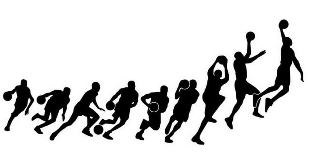 Silhouettes de joueurs de basket-ball, montant vers un tir sauté.