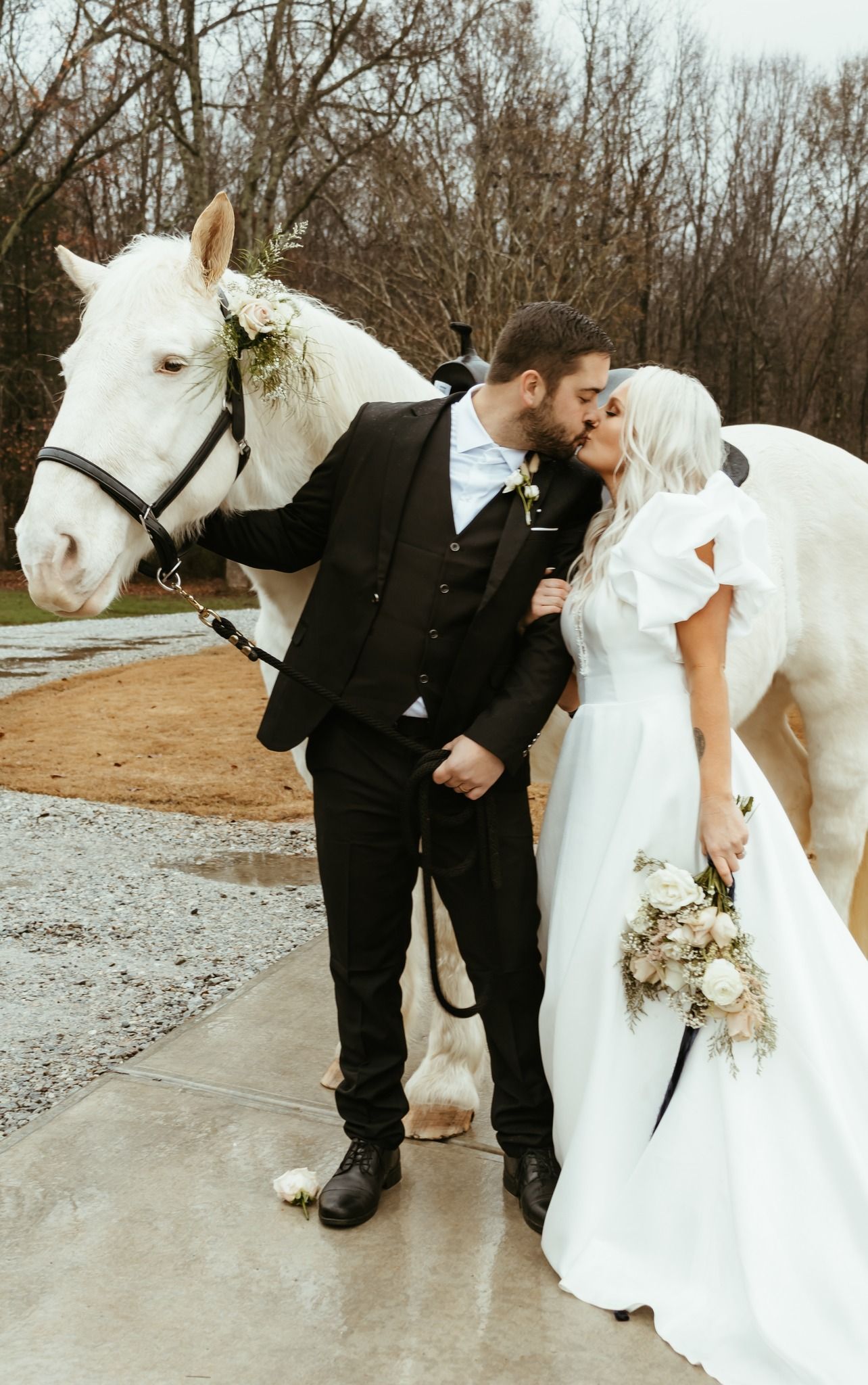 Wedding couple kissing next to a white horse. Man in black suit, woman in white gown. Outdoors.