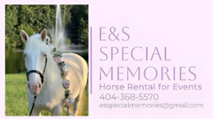 White horse with floral garland, water fountain in background, E&S Special Memories business card.