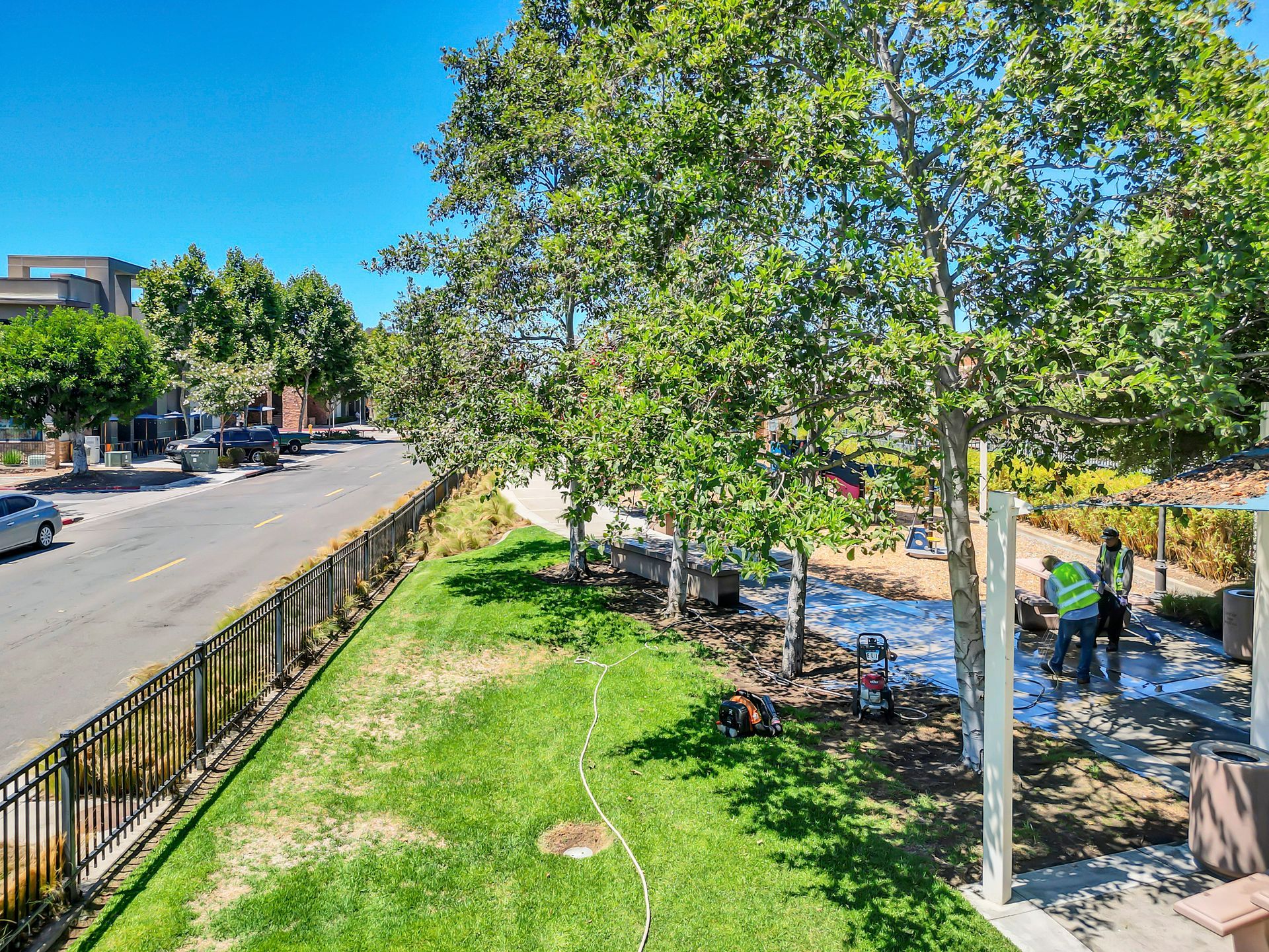 An aerial view of a park with trees and a street in the background.