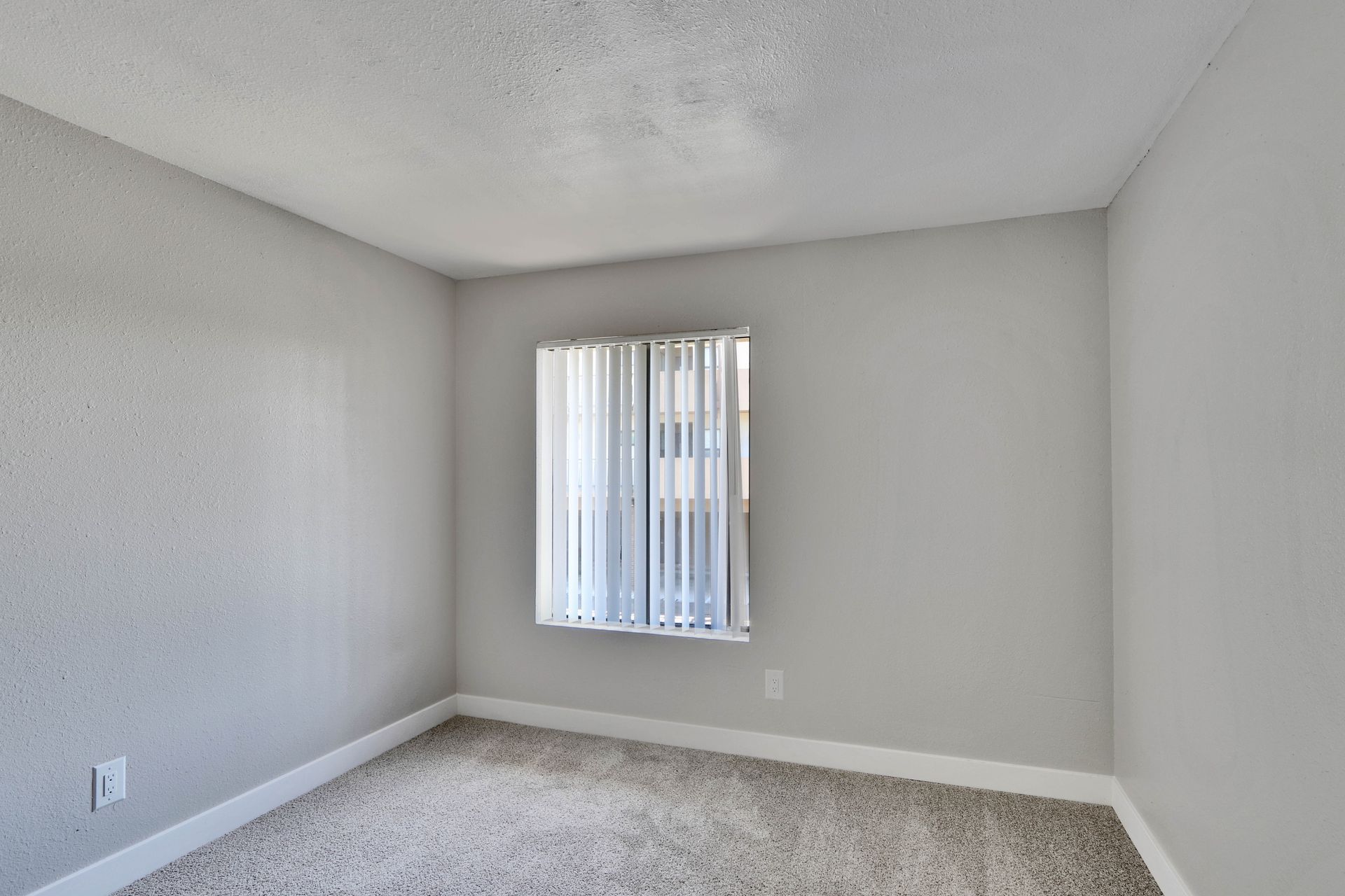 An empty bedroom with a window and a carpeted floor.