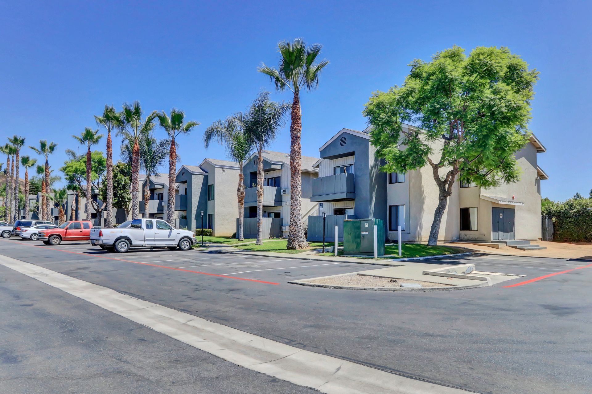 A parking lot with cars parked in front of a building with palm trees.