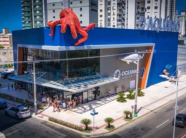 Prédio do Oceanário com uma escultura gigante de um polvo vermelho no telhado. Pessoas do lado de fora; detalhes em azul, branco e laranja.