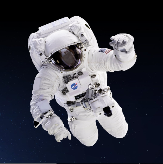 Astronauta em um traje espacial branco flutuando no espaço com a Terra ao fundo.