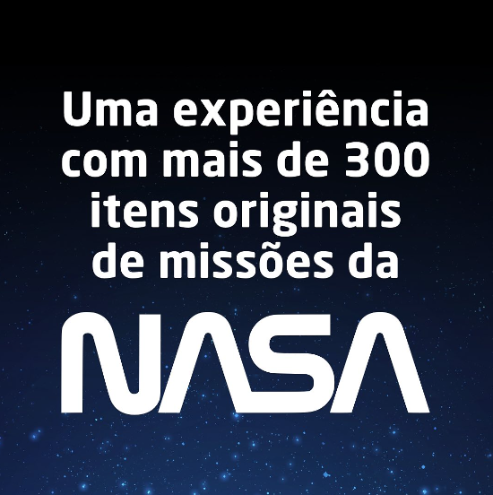 Texto branco em fundo azul: Anúncio de uma exposição da NASA, mencionando