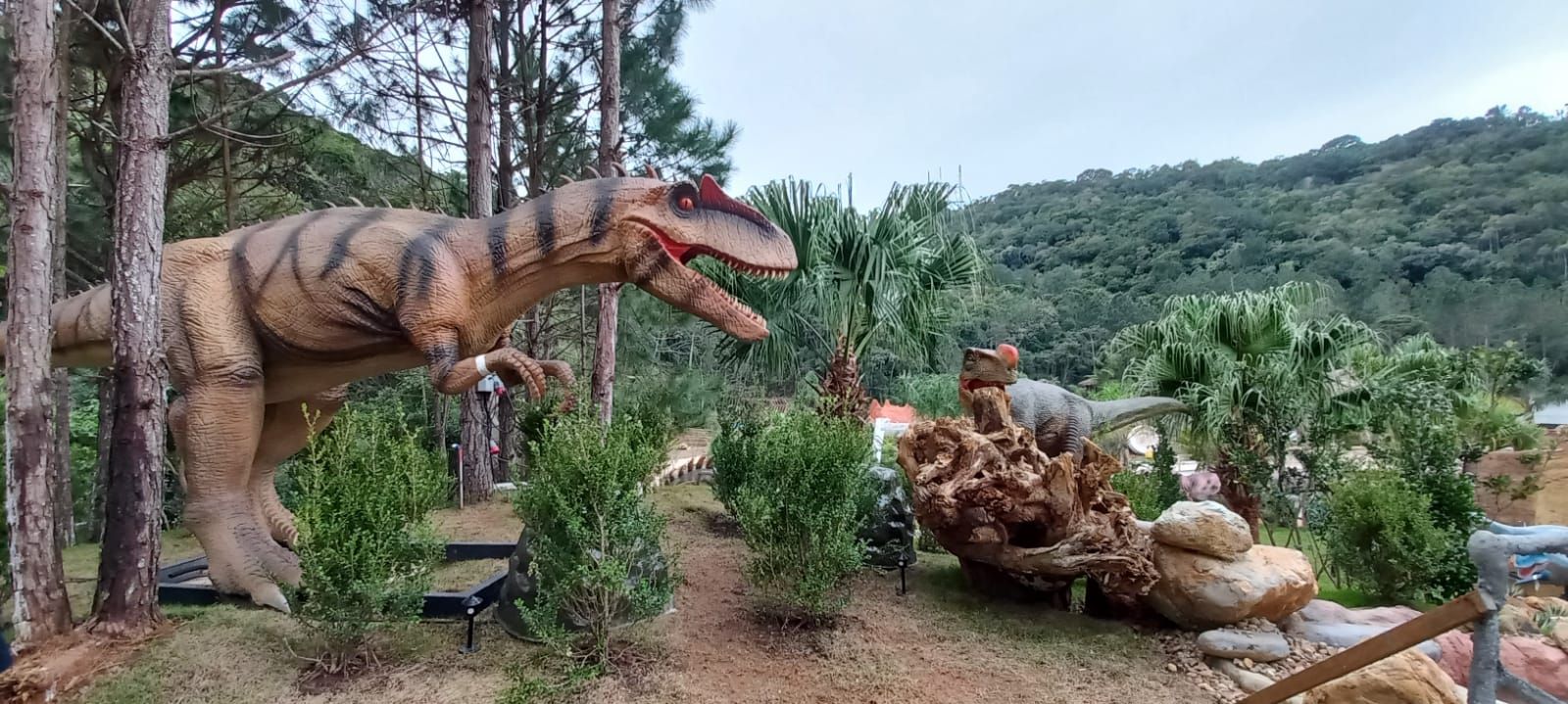 Uma cena de parque de dinossauros. Um grande modelo marrom de Alossauro ruge perto de árvores e um modelo menor de dinossauro.