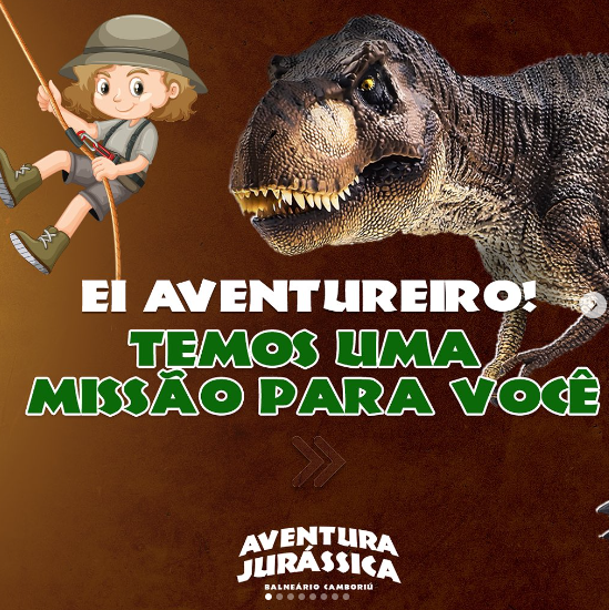 Um jovem aventureiro fazendo rapel ao lado de um T-Rex com o texto: