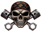 Skull with bandana and crossed pistons, forming a biker-style emblem