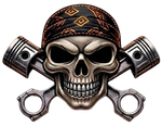 Skull with bandana and crossed pistons, forming a biker-style emblem