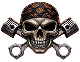 Skull with bandana and crossed pistons, forming a biker-style emblem