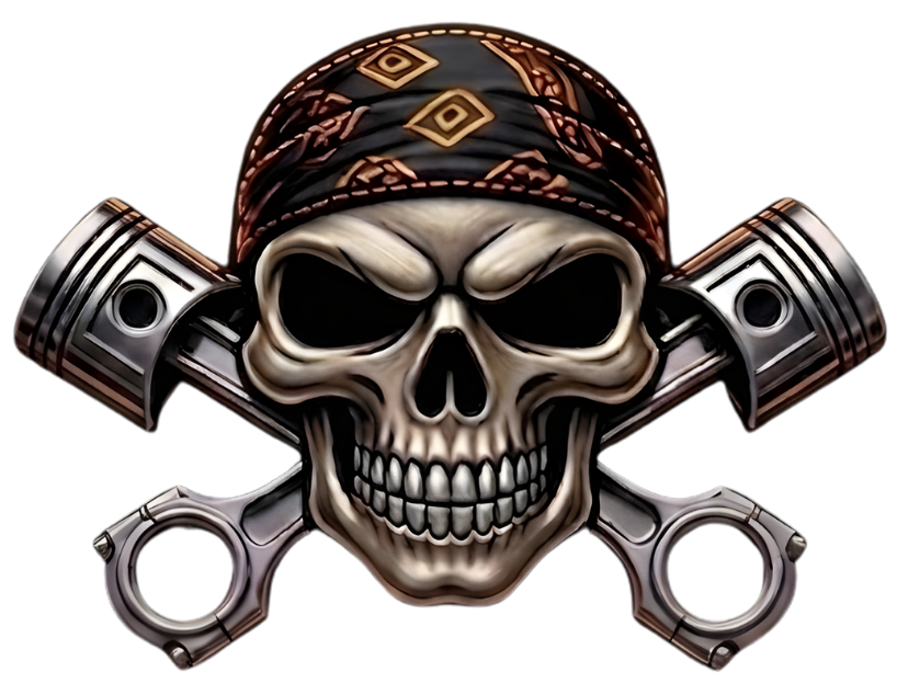 Skull with bandana and crossed pistons, forming a biker-style emblem