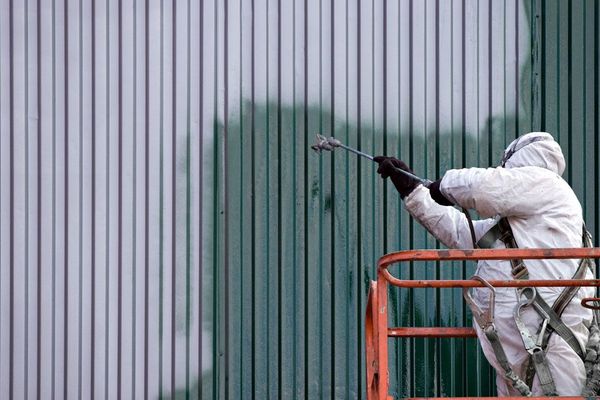 A man in a protective suit is painting a wall on a lift.