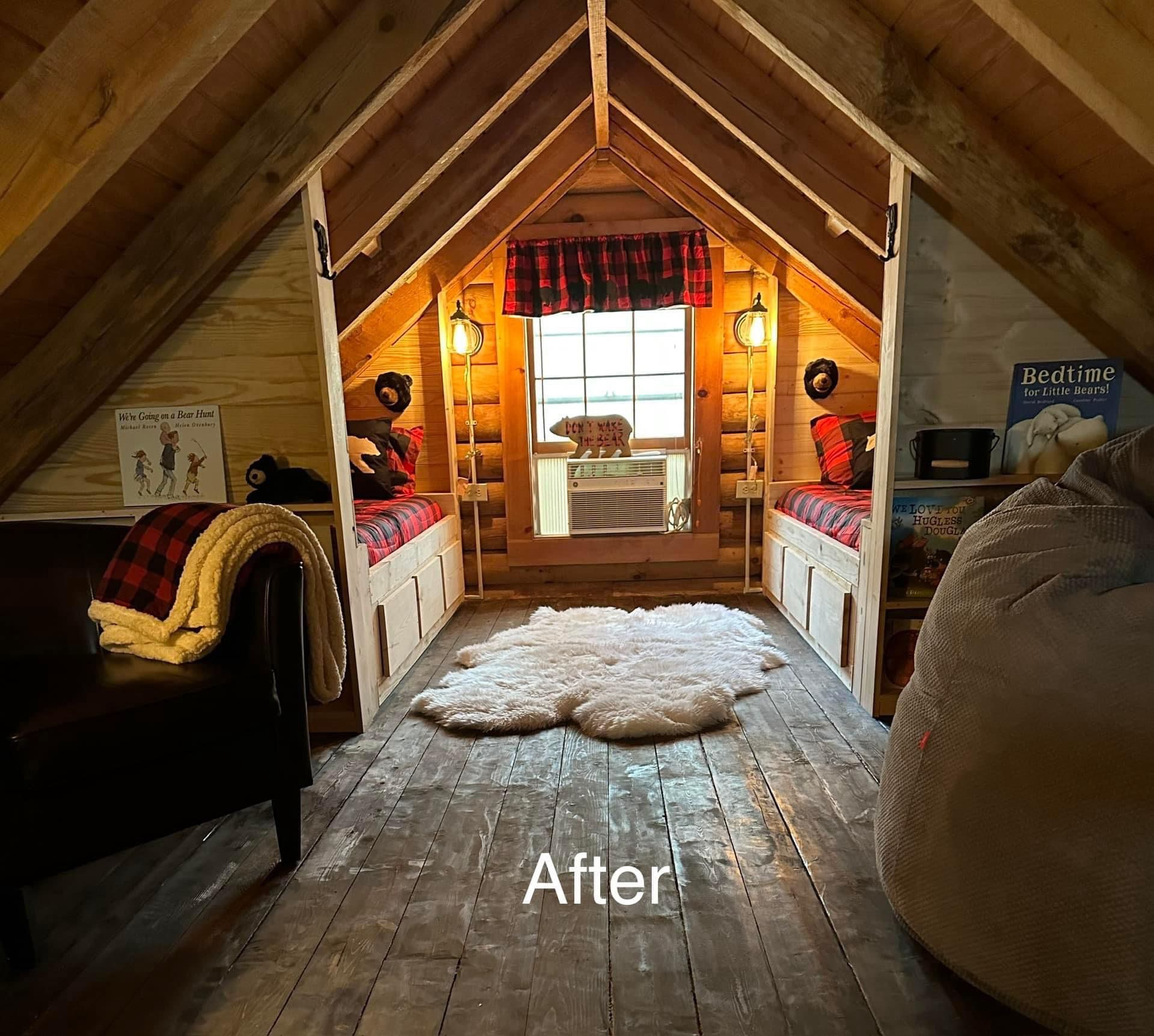 Cozy attic room with wooden paneling, built-in benches, window, sheepskin rug, and beanbag chair.